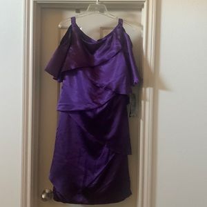 NWT- Elegant satin cocktail/banquet dress with cold shoulder sleeve.